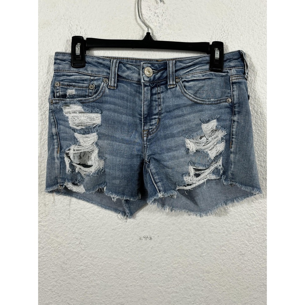 American Eagle Shorts Womens 2 Blue‎ Distressed Denim Heavy Level Stretch Ripped